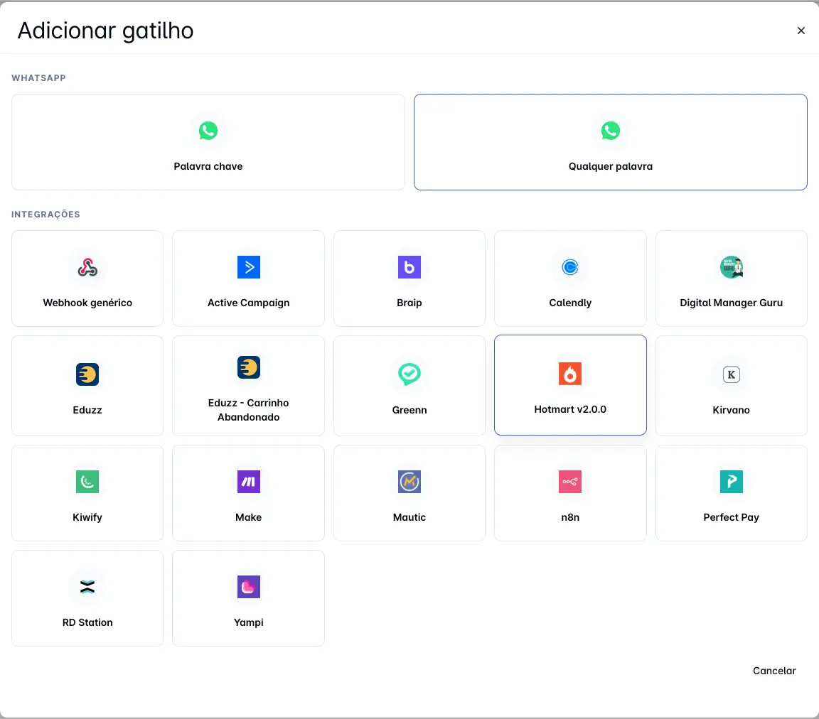 Tela real de integrações da Tipefy com opções de gatilhos do WhatsApp e conexões com ferramentas externas